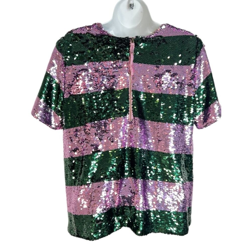Maeve Pink and Green Sequin Stripe Short Sleeve Top - Picture 9 of 12